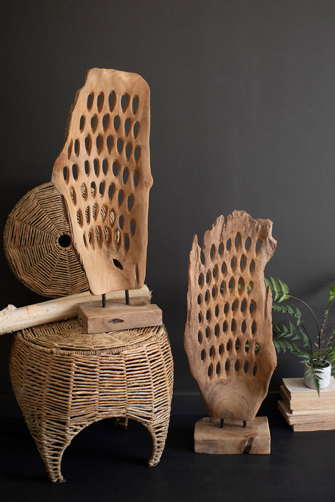 Perforated Carved Teak Wood Sculpture on a Base - Bombay Mercantile