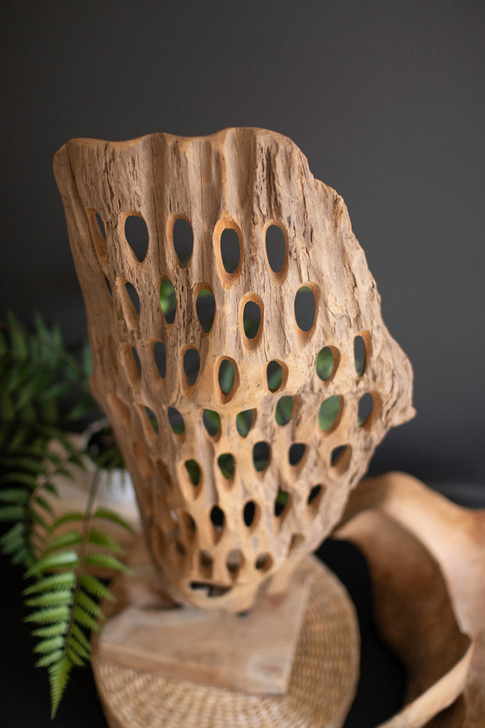 Perforated Carved Teak Wood Sculpture on a Base - Bombay Mercantile