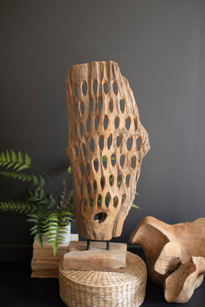 Perforated Carved Teak Wood Sculpture on a Base - Bombay Mercantile