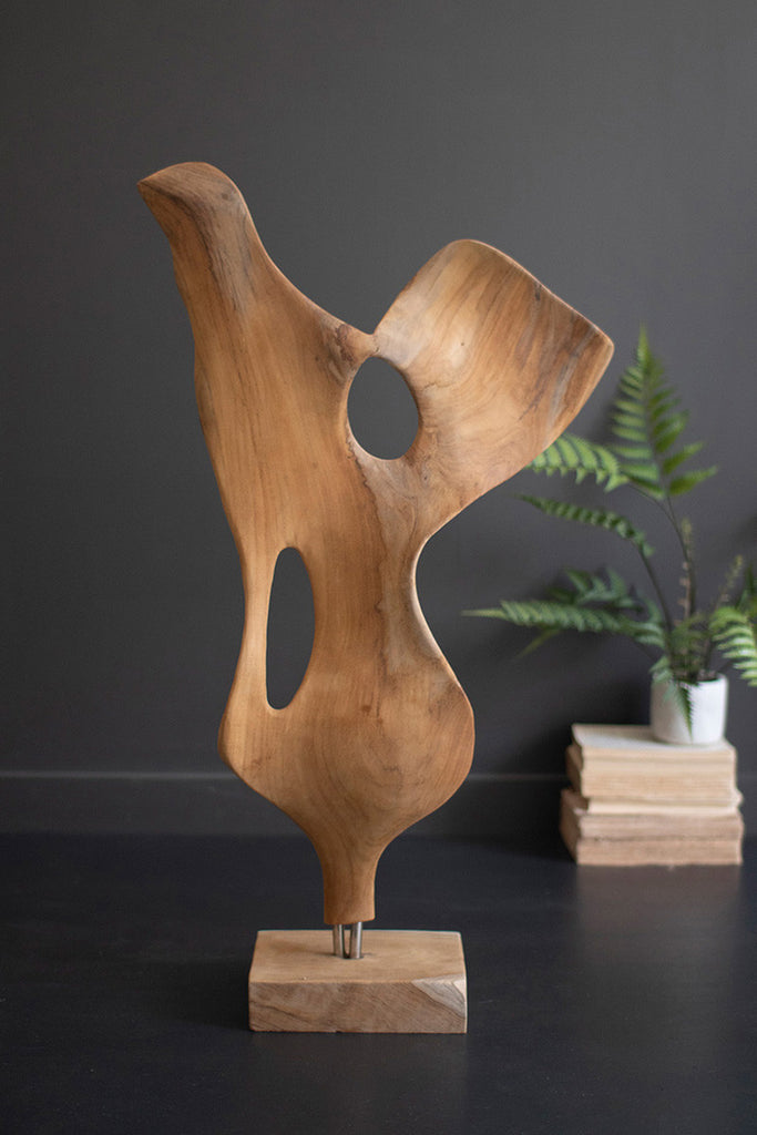 Smooth Carved Teak Wood Sculpture on a Base - Bombay Mercantile