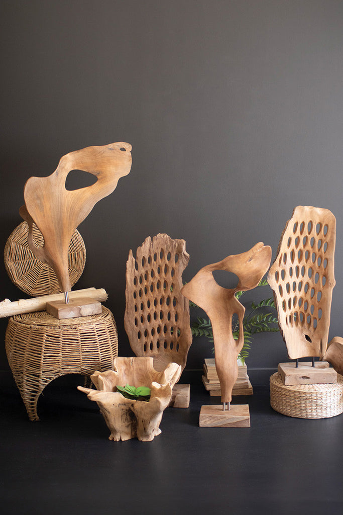Smooth Carved Teak Wood Sculpture on a Base - Bombay Mercantile