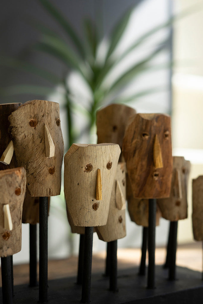 Carved Wooden Masks on a Wooden Base - Bombay Mercantile