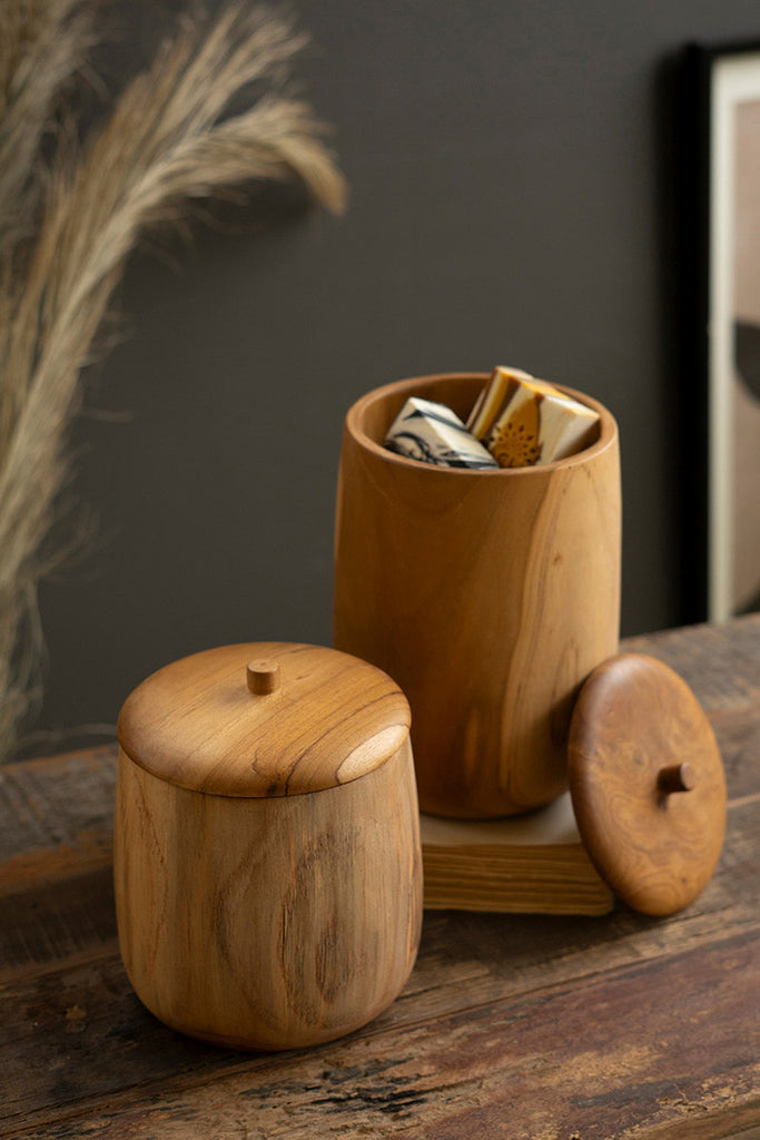 Set of 2 Teak Wood Canisters - Bombay Mercantile