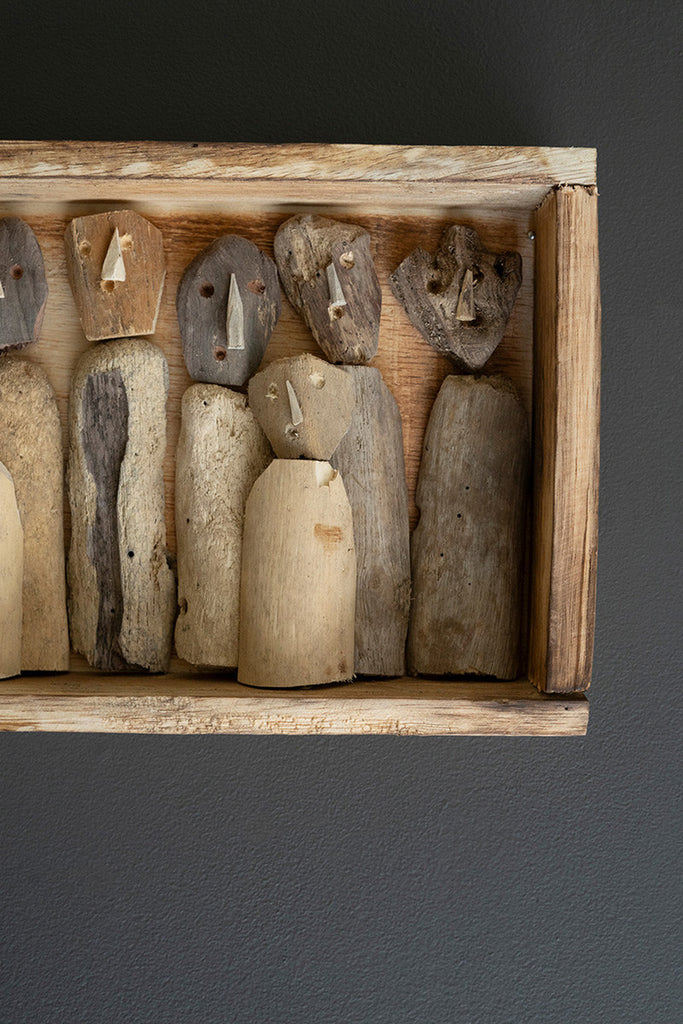 Carved Driftwood Figures in a Framed Shadowbox - Bombay Mercantile