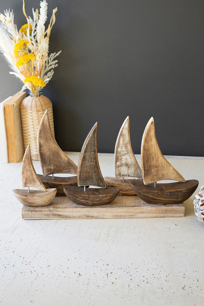 Five Wooden Sailboats on a Base - Bombay Mercantile
