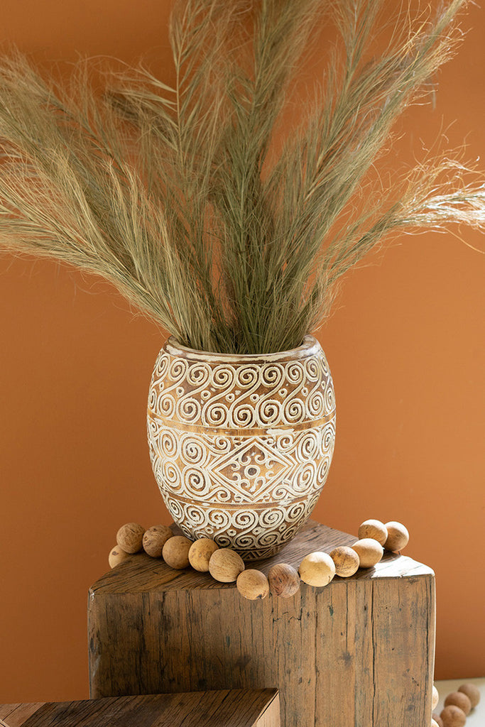 Hand-Carved Decorative Natural and White Wooden Oval Planter - Bombay Mercantile