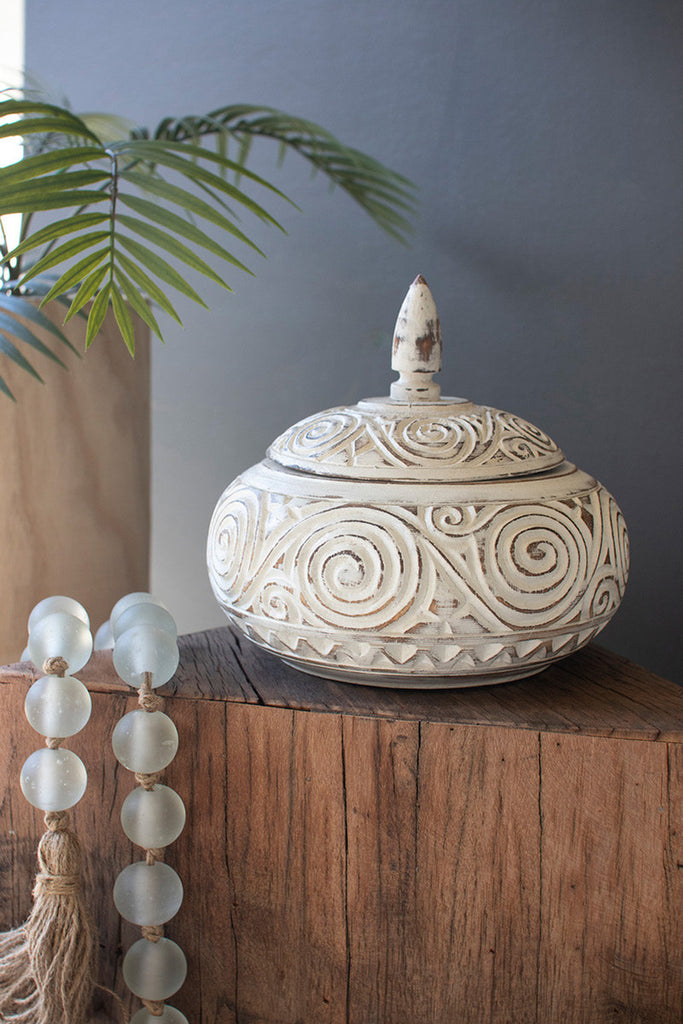 Hand-Carved Decorative Natural and White Wood Container with Lid - Bombay Mercantile