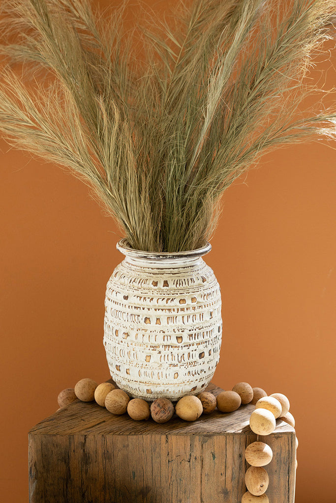 Hand-Carved Decorative Natural and White Wooden Urn - Bombay Mercantile