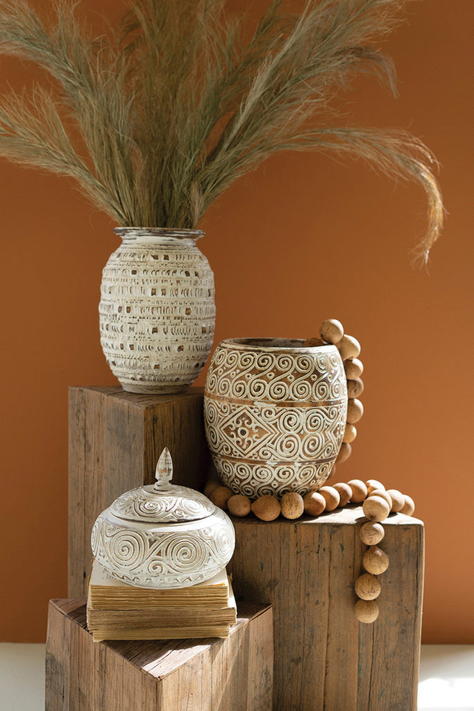 Hand-Carved Decorative Natural and White Wooden Urn - Bombay Mercantile