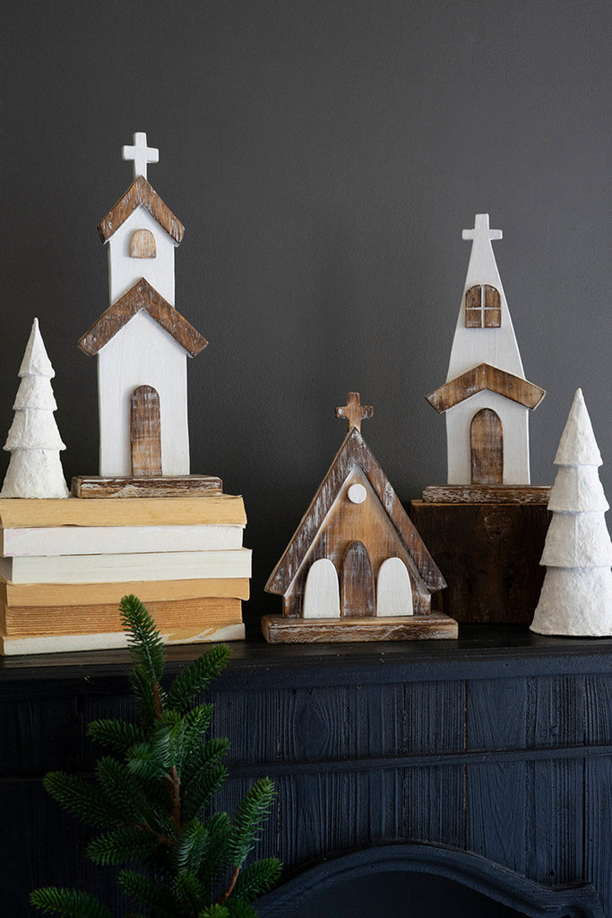 3 White-Washed Wooden Churches, Set of 2 - Bombay Mercantile