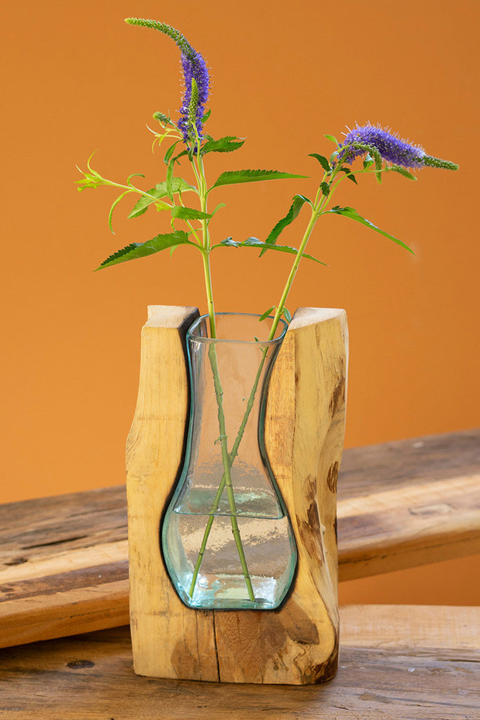 Blown Glass Vase inside of Teak Wood \ Small - Bombay Mercantile