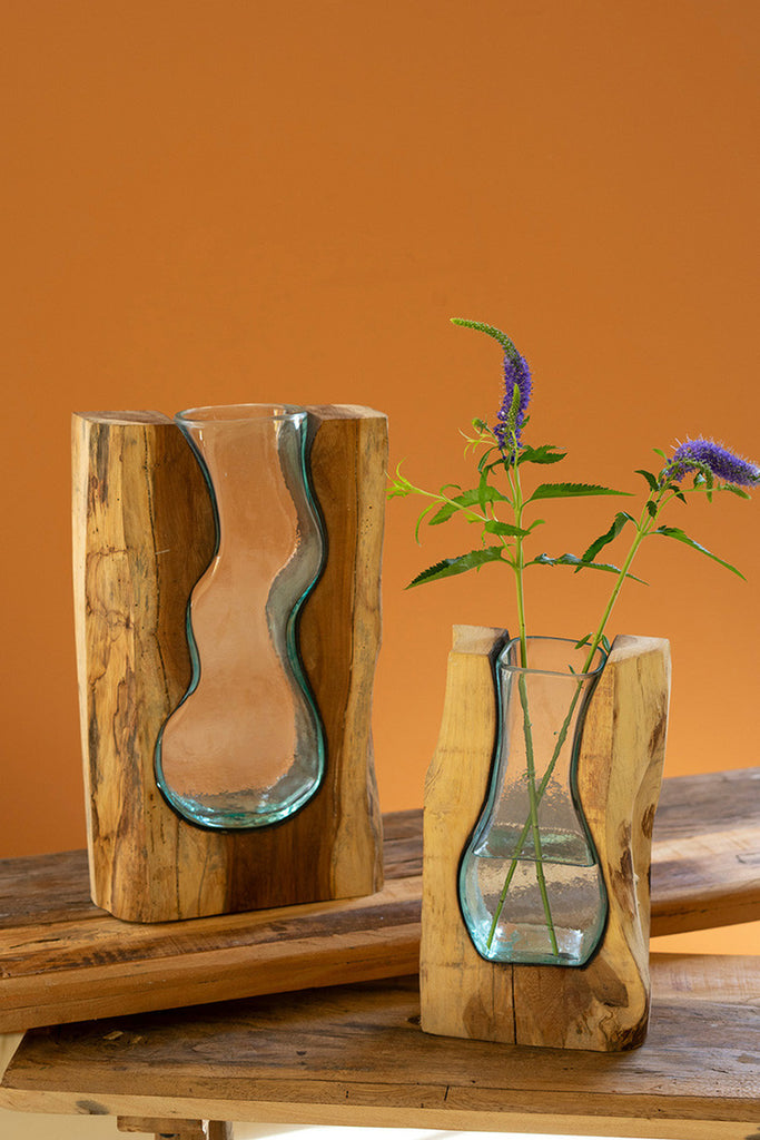 Blown Glass Vase inside of Teak Wood \ Small - Bombay Mercantile