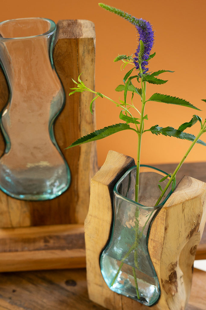 Blown Glass Vase inside of Teak Wood \ Small - Bombay Mercantile