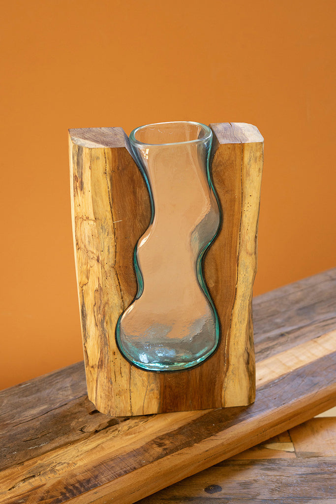 Blown Glass Vase inside of Teak Wood \ Large - Bombay Mercantile