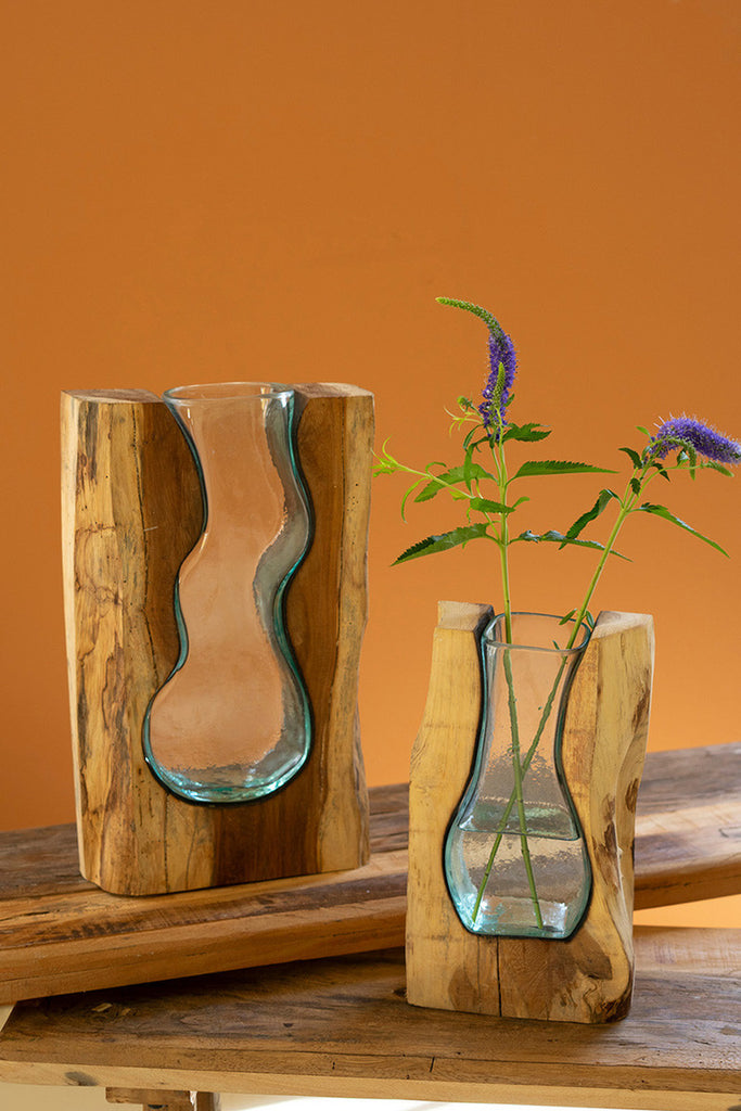 Blown Glass Vase inside of Teak Wood \ Large - Bombay Mercantile