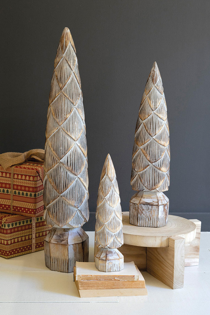 Set of 3 Carved Antique Washed Wooden Christmas Trees - Bombay Mercantile