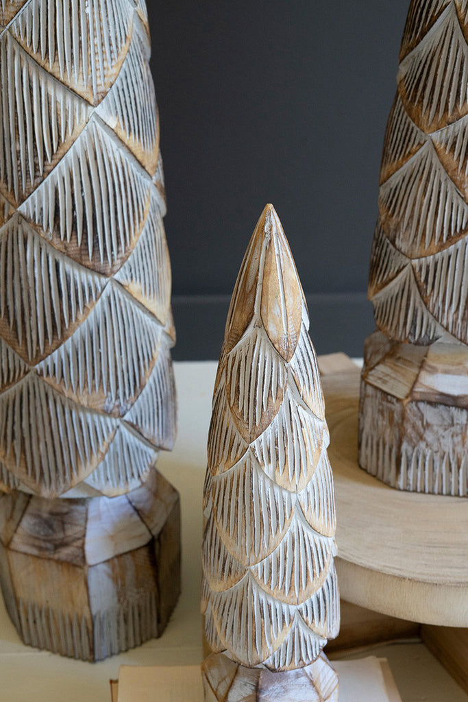 Set of 3 Carved Antique Washed Wooden Christmas Trees - Bombay Mercantile