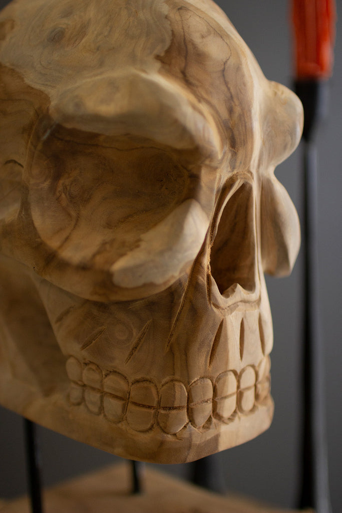 Teak Skull on a Stand - Bombay Mercantile