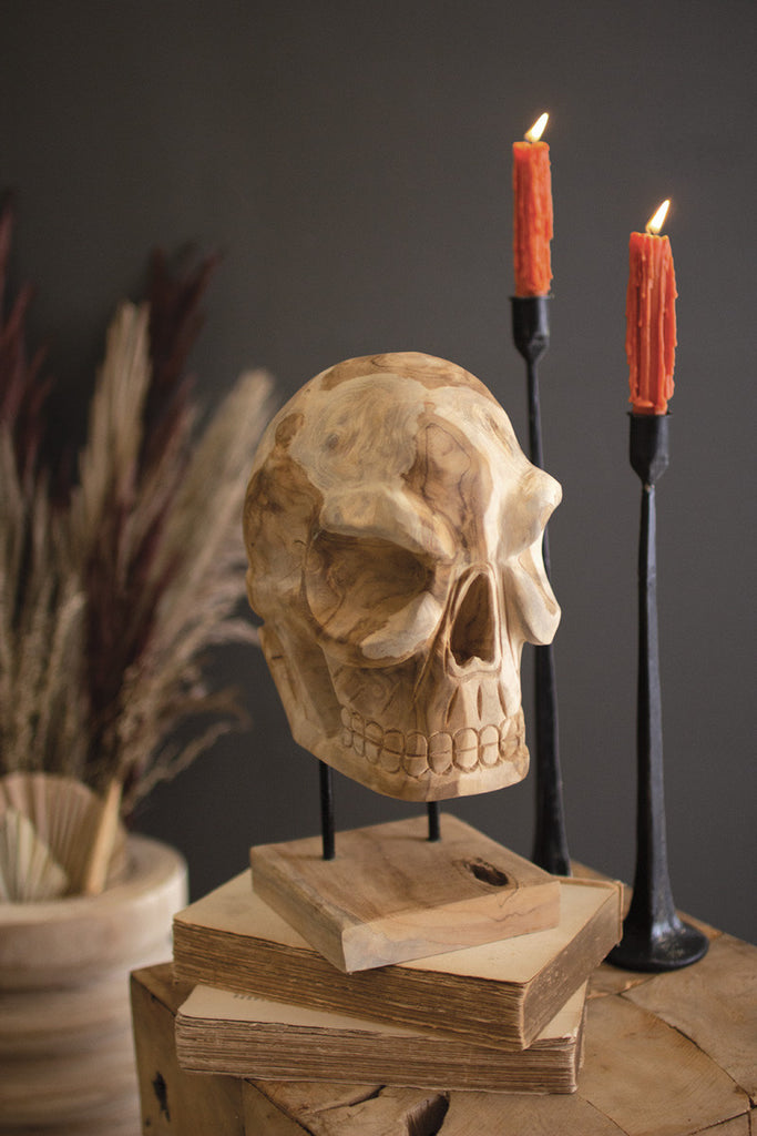 Teak Skull on a Stand - Bombay Mercantile