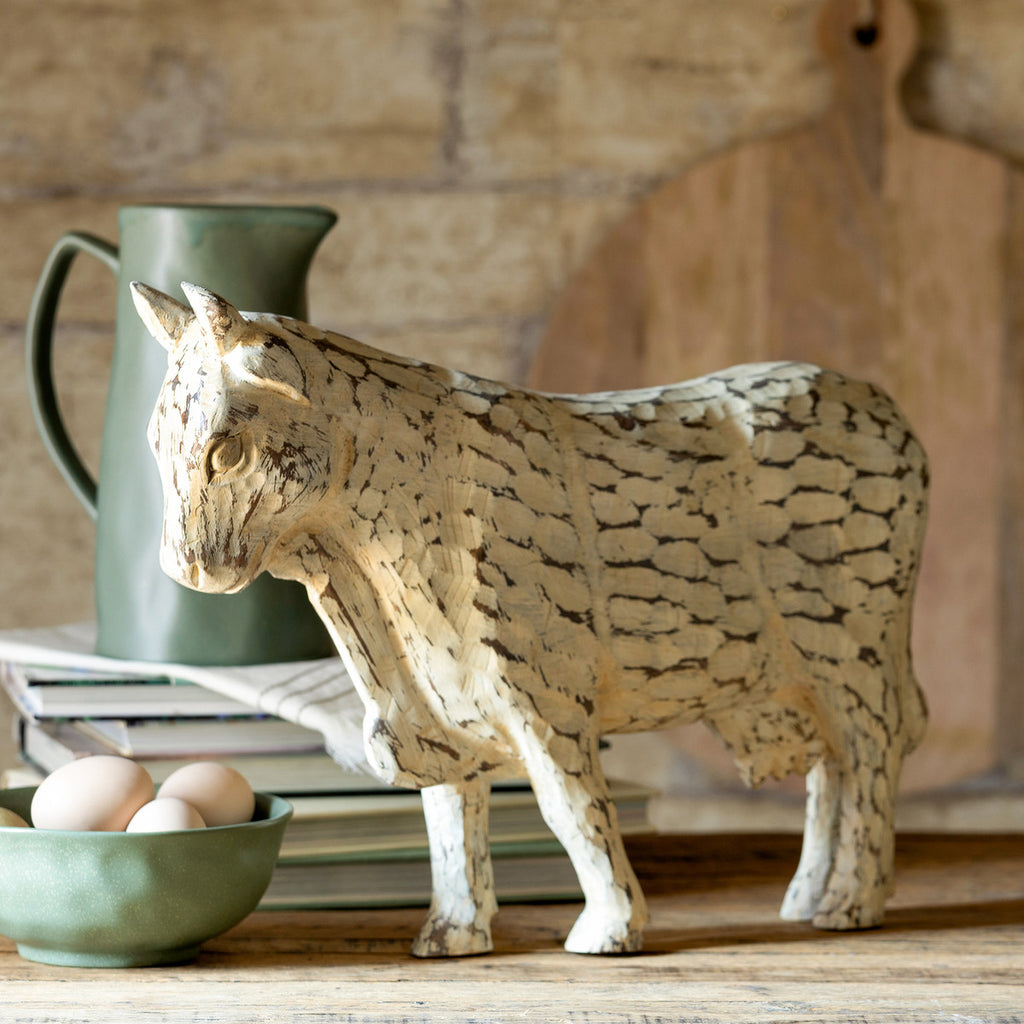 Carved Wood Folk Art Cow - Bombay Mercantile