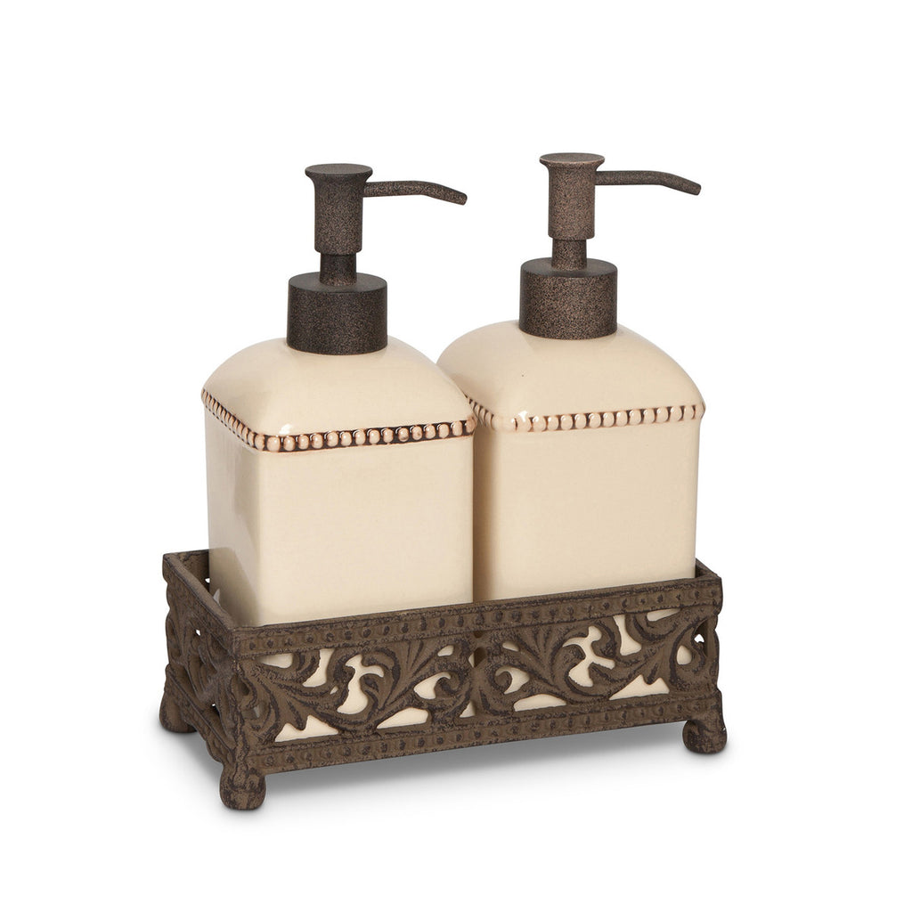 Stoneware Soap/Lotion Dispensers, Set of 2 with Base - Bombay Mercantile
