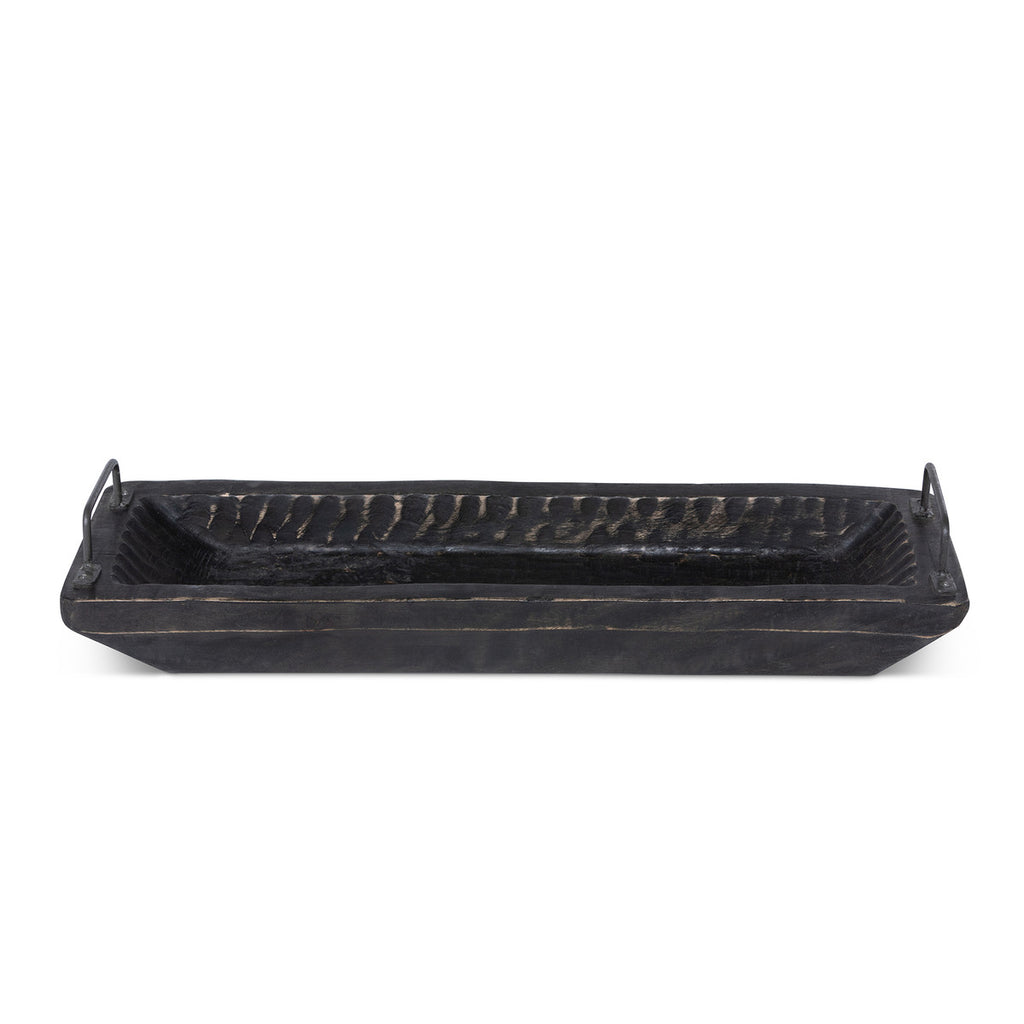 Carved Wood Tray with Iron Handles - Bombay Mercantile