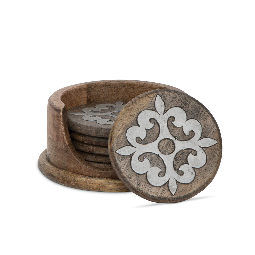 Wood Coaster Set, Set of 6 with Holder - Bombay Mercantile