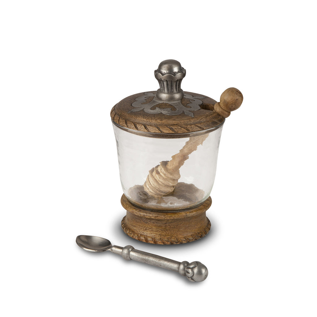 Wood Honey Jar with Server and Spoon, Set of 3 pcs - Bombay Mercantile