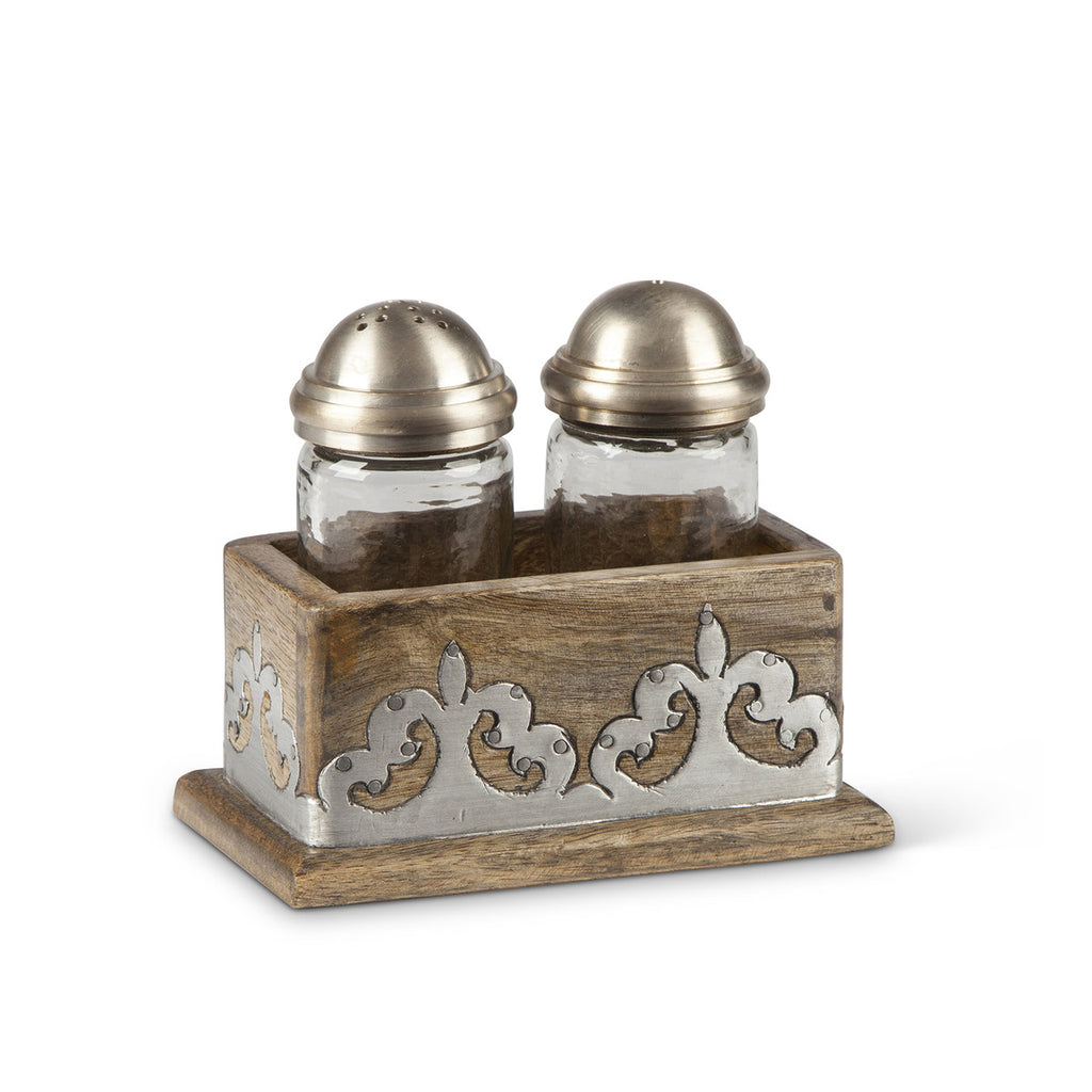 Wood Salt and Pepper Shakers, Set of 2 with Base - Bombay Mercantile