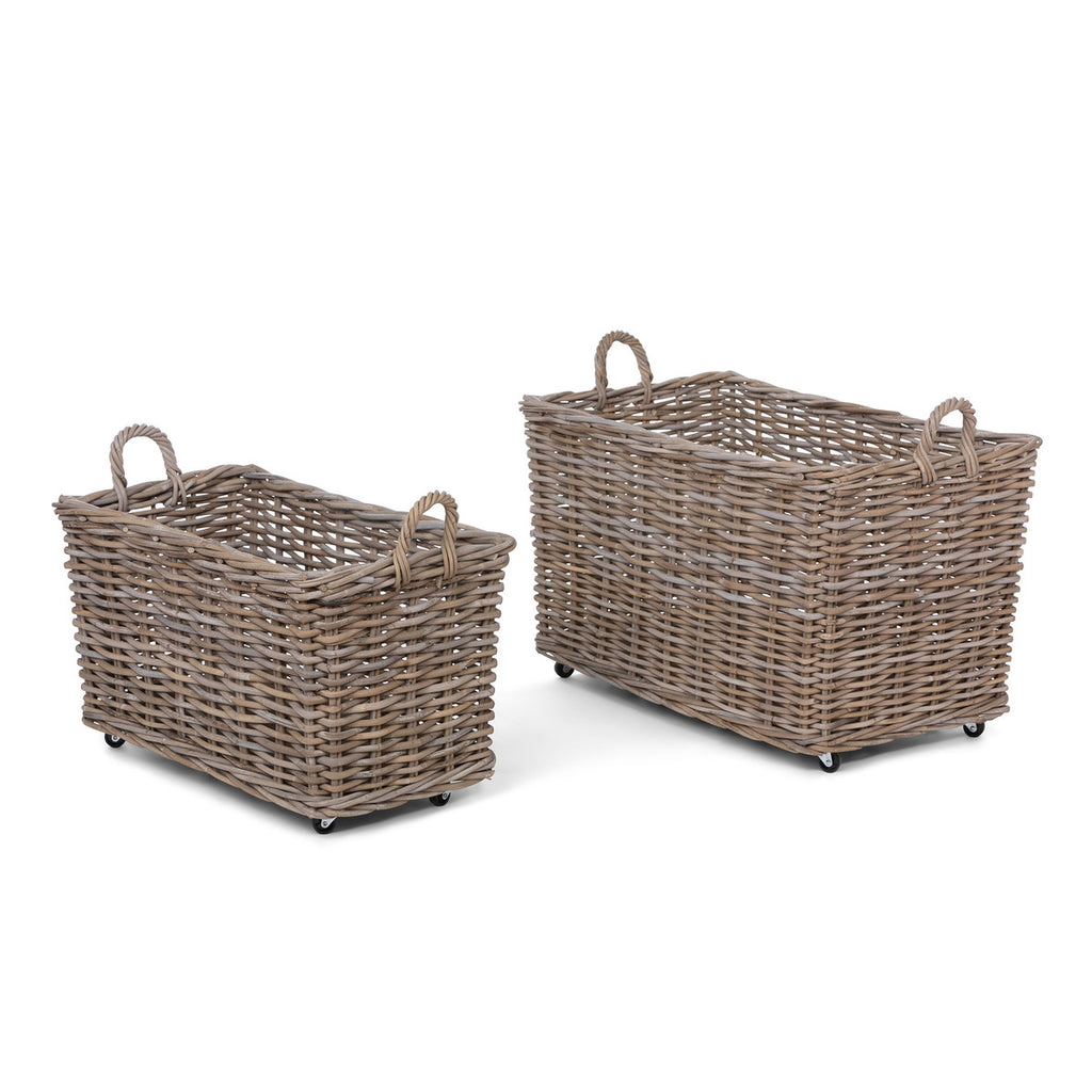 Rattan Woven Storage Basket with Casters, Set of 2 - Bombay Mercantile