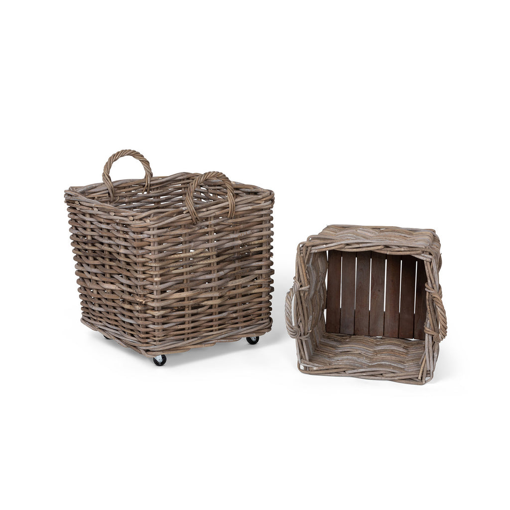 Rattan Woven Square Basket with Casters, Set of 2 - Bombay Mercantile