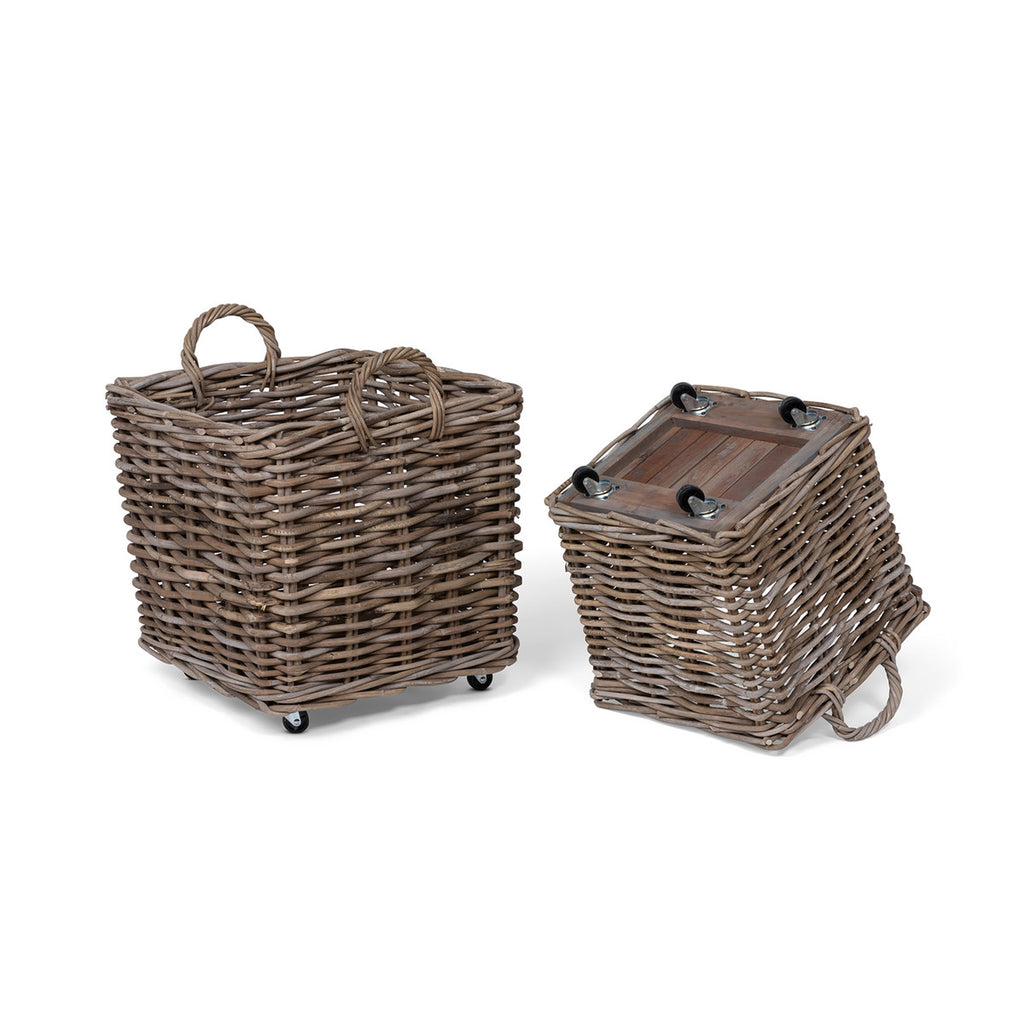 Rattan Woven Square Basket with Casters, Set of 2 - Bombay Mercantile