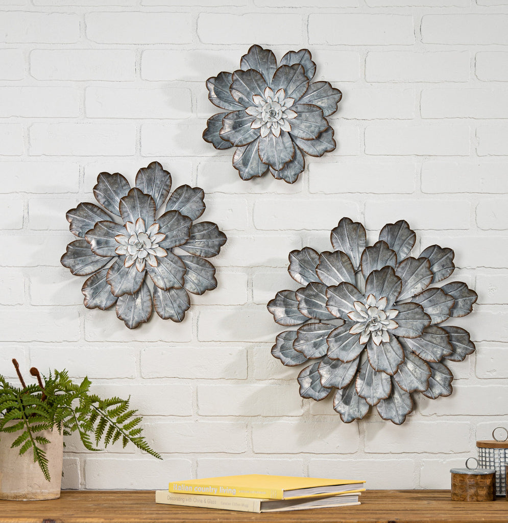 Galvanized Dahlia Wall Flowers, Set of 3 - Bombay Mercantile