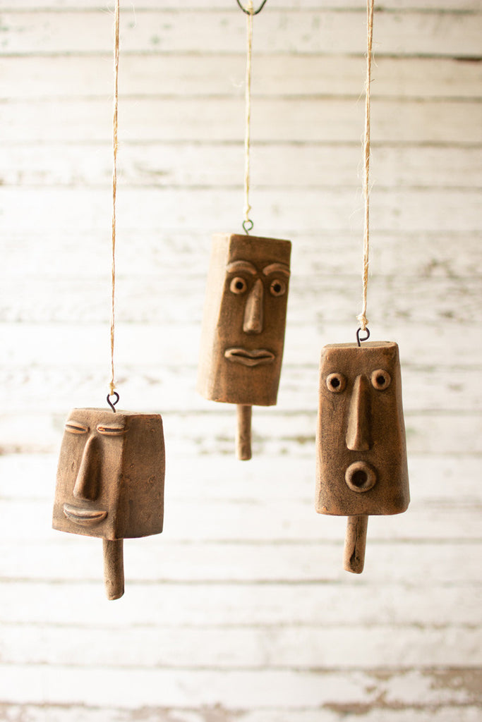 3 Clay Face Hanging Bells, set of 2 - Bombay Mercantile