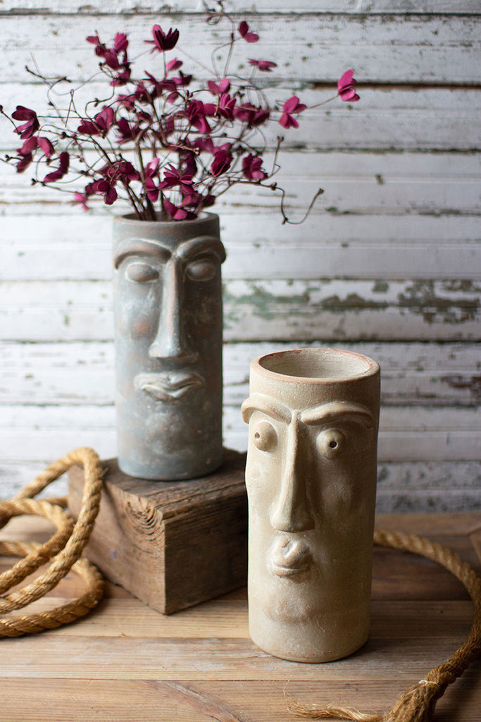2 Clay Face Vases, set of 2 - Bombay Mercantile