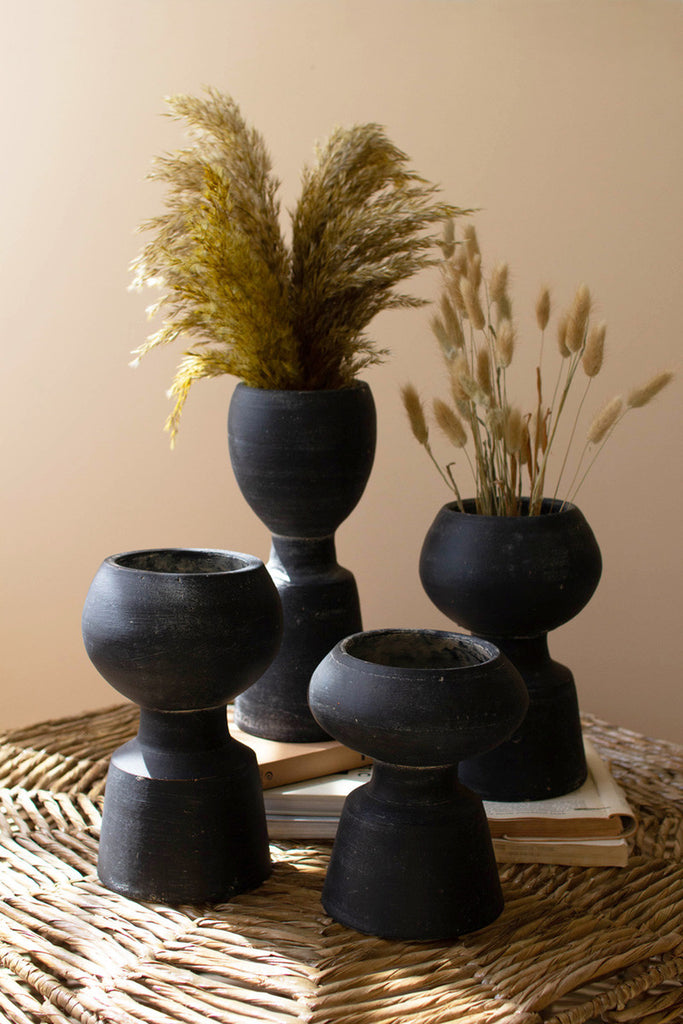 Set of 4 Black Clay Vases - Bombay Mercantile