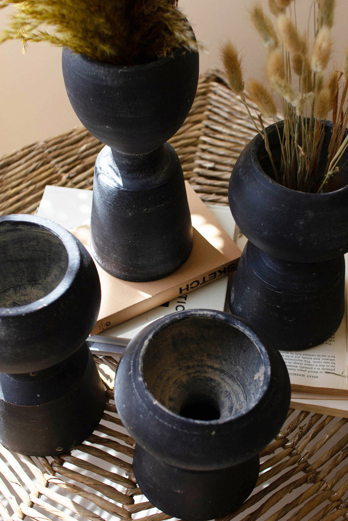 Set of 4 Black Clay Vases - Bombay Mercantile