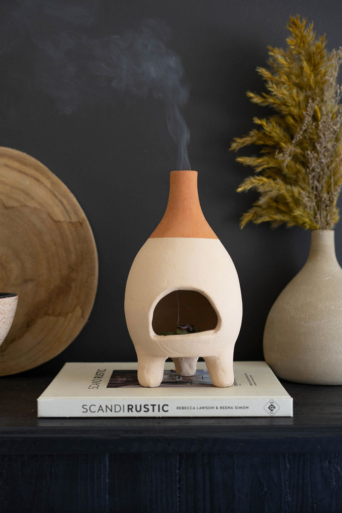 Ivory-Dipped Tabletop Clay Chiminea Incense Burner, Set of 2 - Bombay Mercantile
