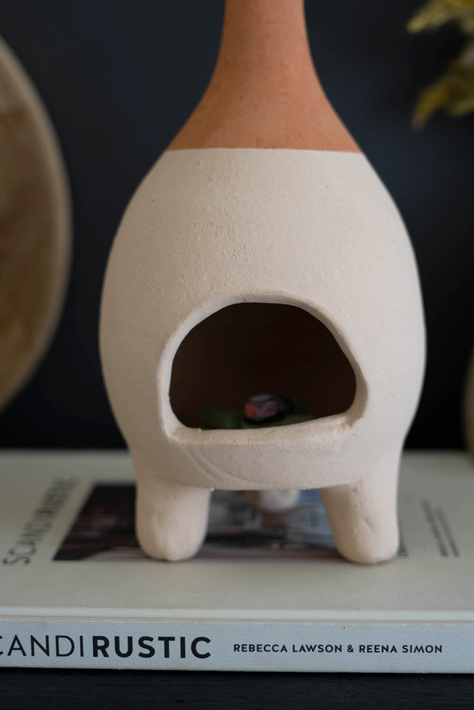Ivory-Dipped Tabletop Clay Chiminea Incense Burner, Set of 2 - Bombay Mercantile