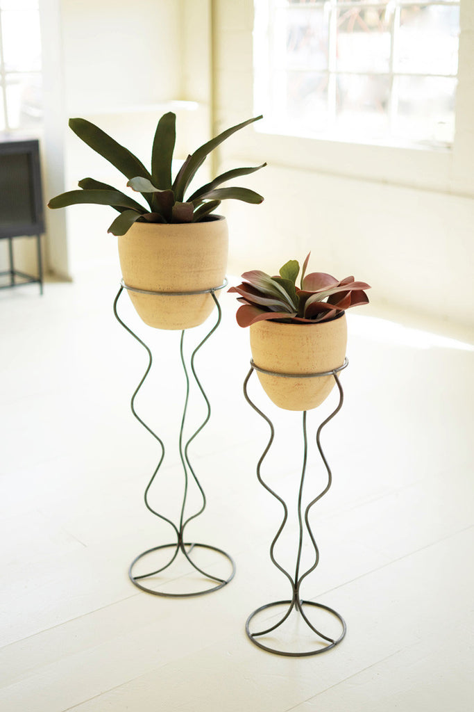 Ivory and Black Clay Pots with Wire Curvy Bases \ Small - Bombay Mercantile