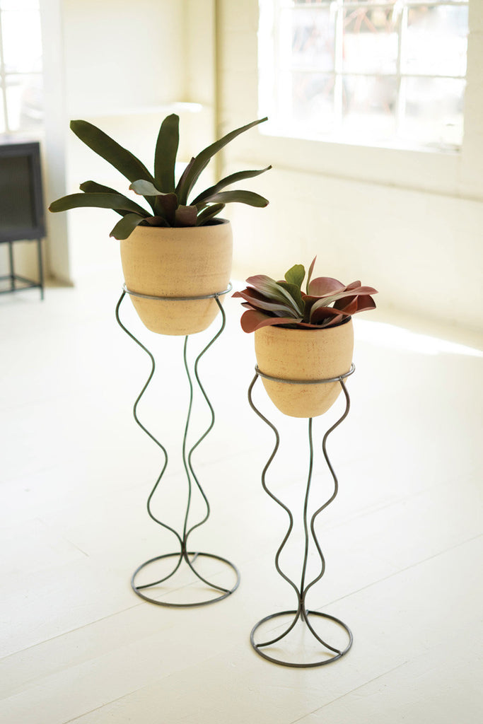 Ivory and Black Clay Pots with Wire Curvy Bases \ Large - Bombay Mercantile