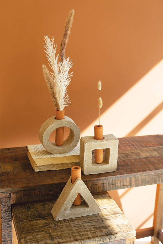 Set of 3 Grey-Wash Clay Geometric Bud Vases - Bombay Mercantile