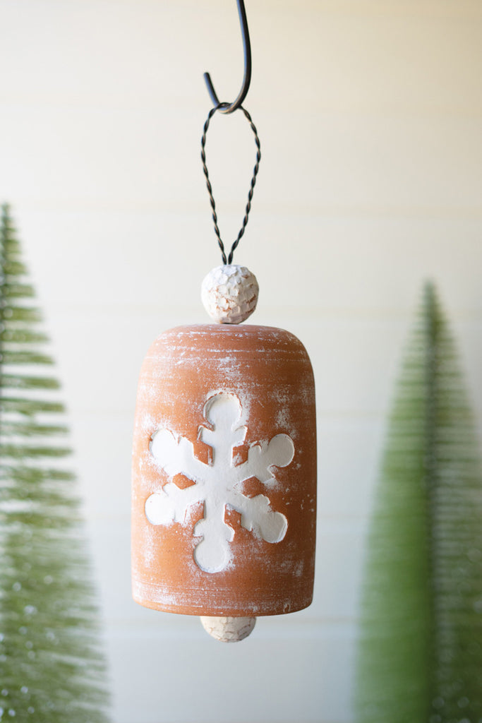 Set of 2 White-Wash Clay Snowflake Bell - Bombay Mercantile