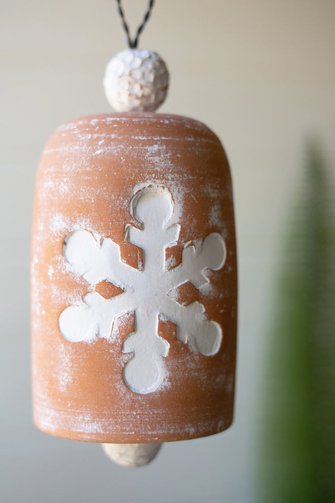 Set of 2 White-Wash Clay Snowflake Bell - Bombay Mercantile