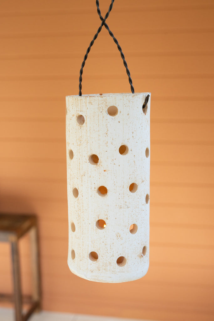 White-Wash Hanging Clay Lantern, Set of 2 - Bombay Mercantile