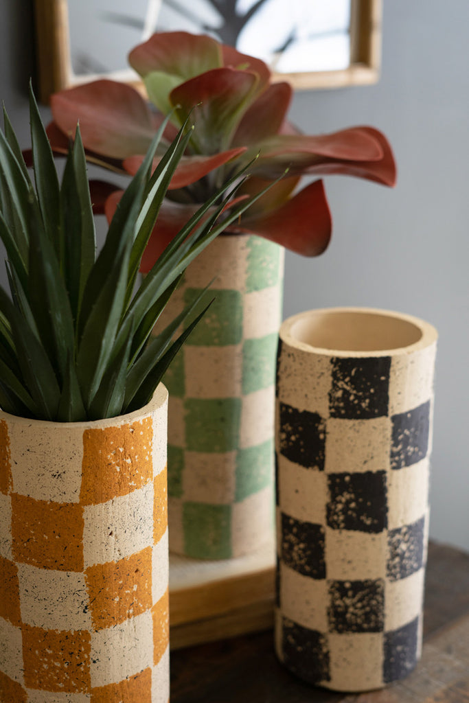 Set of 3 Checkered Clay Cylinder Vases - Bombay Mercantile