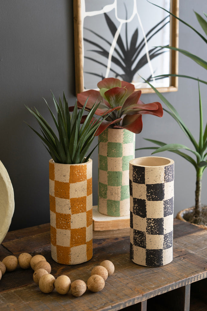 Set of 3 Checkered Clay Cylinder Vases - Bombay Mercantile