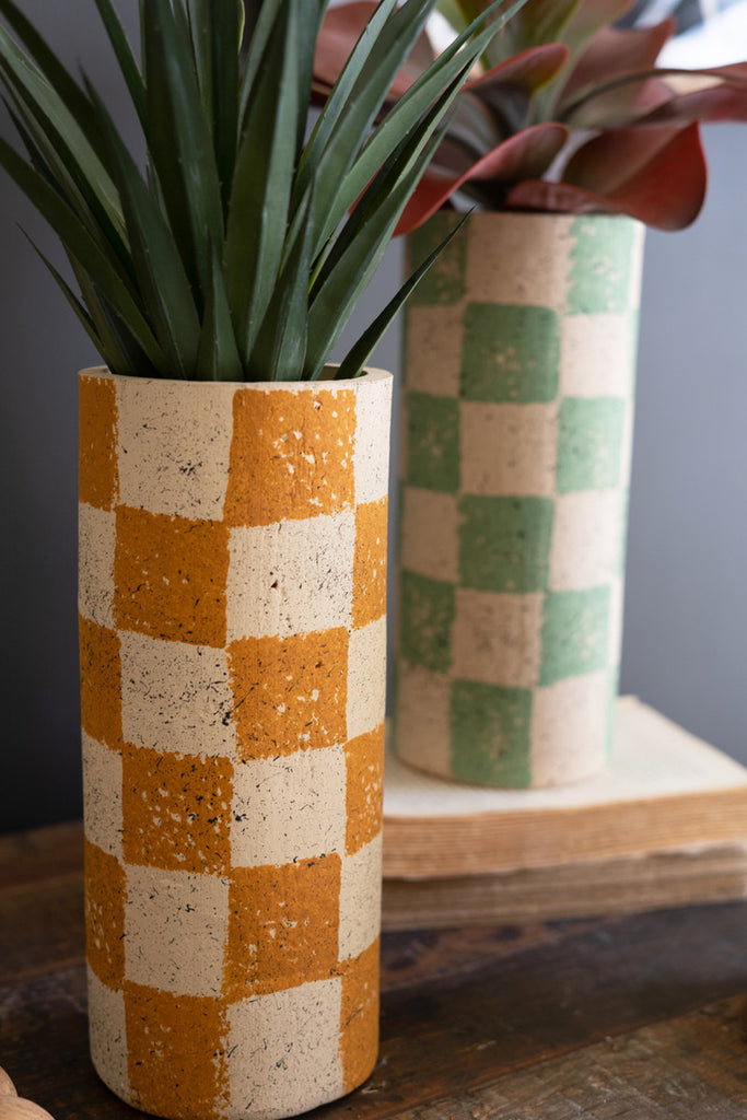 Set of 3 Checkered Clay Cylinder Vases - Bombay Mercantile