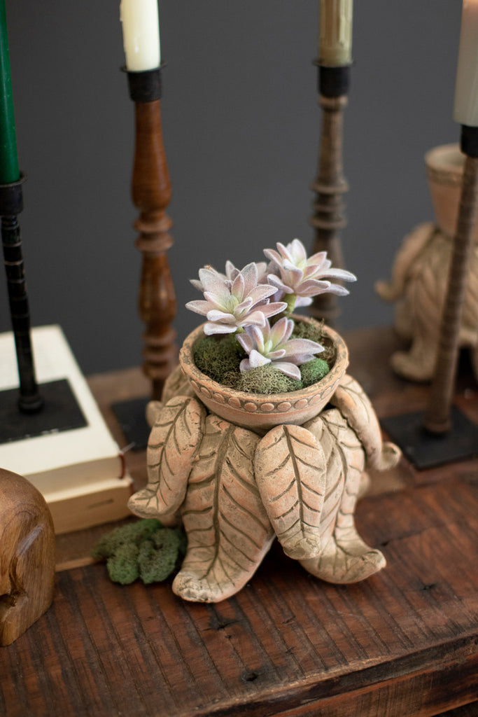 Set of 2 Clay Leaf Pillar Holders - Bombay Mercantile