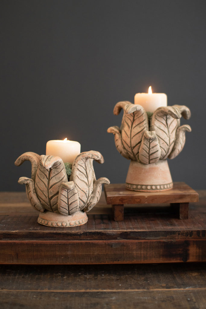 Set of 2 Clay Leaf Pillar Holders - Bombay Mercantile
